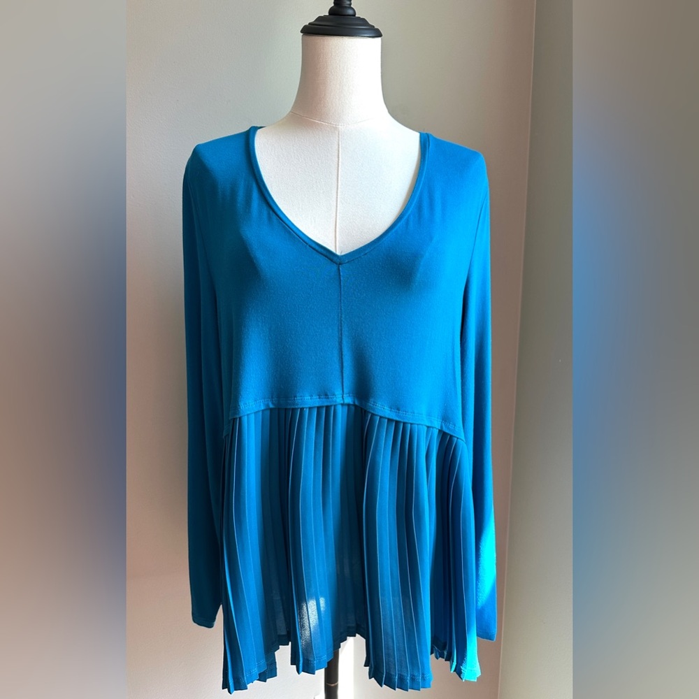 Women’s size L, teal v-neck long sleeve top, with pleated bottom